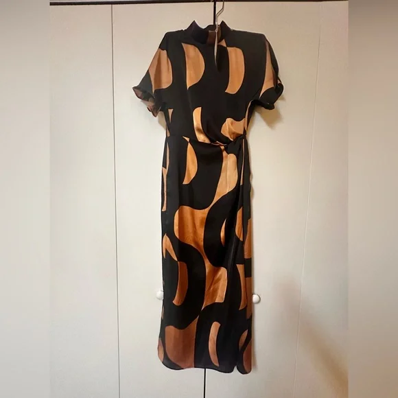 Mango Dark Brown and Gold Patterned Midi Dress - Picture 3 of 7